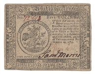 Revolutionary War $5 Continental Currency Signed by Sam Morris, Dated Nov 29, 1775