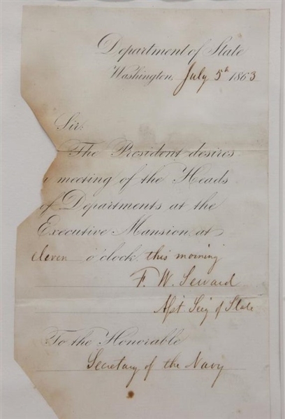 Important Memorandum the Day after Gettysburg July 5th, 1863 where Lincoln asks all Department Heads of the cabinet to meet him at the Executive Mansion