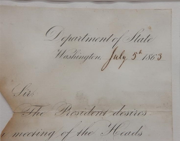 Important Memorandum the Day after Gettysburg July 5th, 1863 where Lincoln asks all Department Heads of the cabinet to meet him at the Executive Mansion