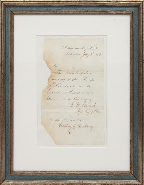 Important Memorandum the Day after Gettysburg July 5th, 1863 where Lincoln asks all Department Heads of the cabinet to meet him at the Executive Mansion