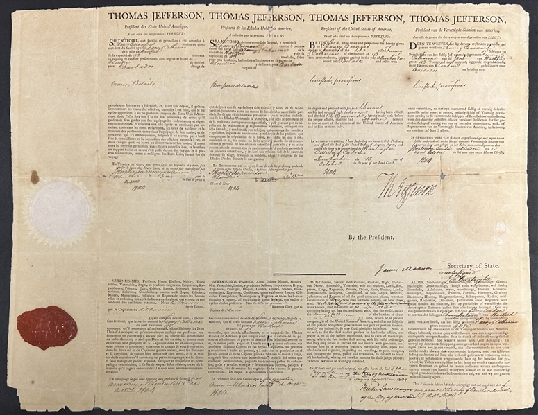 Thomas Jefferson and James Madison Signed Four Language Ship's Paper 