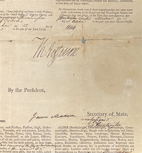 Thomas Jefferson and James Madison Signed Four Language Ship's Paper 