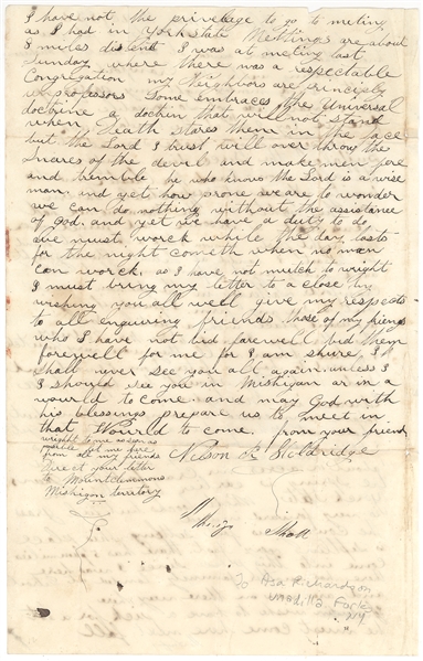 Early Letter 1832 describing passage through Erie Canal by steamboat to Detroit. 