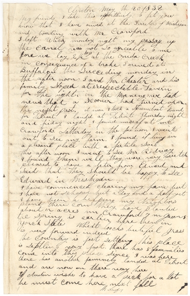 Early Letter 1832 describing passage through Erie Canal by steamboat to Detroit. 