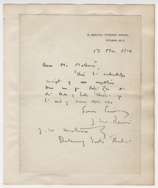 Fantastic J.M. Barrie ALS Regarding Peter Pan Royalties