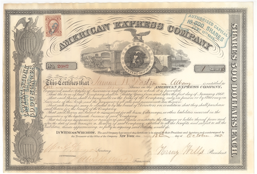 American Express Co. Stock Certificate, 1865 - Signed by Wells and Fargo 