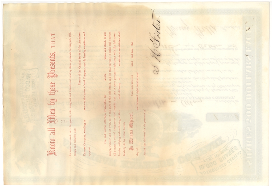 American Express Co. Stock Certificate, 1865 - Signed by Wells and Fargo 