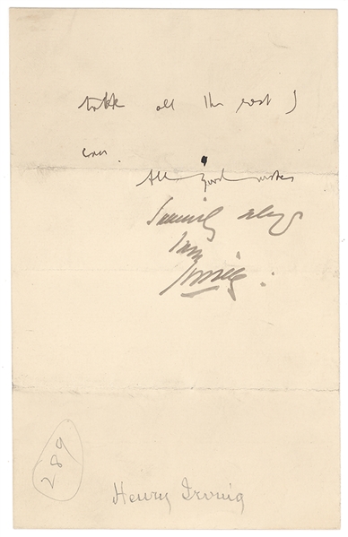 Bram Stoker letter written as secretary for Henry Irving signed By Irving.