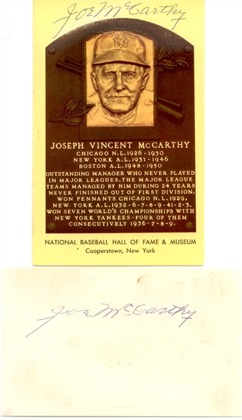 Joe McCarthy Signed Hall Of Fame Postcard and signed Card