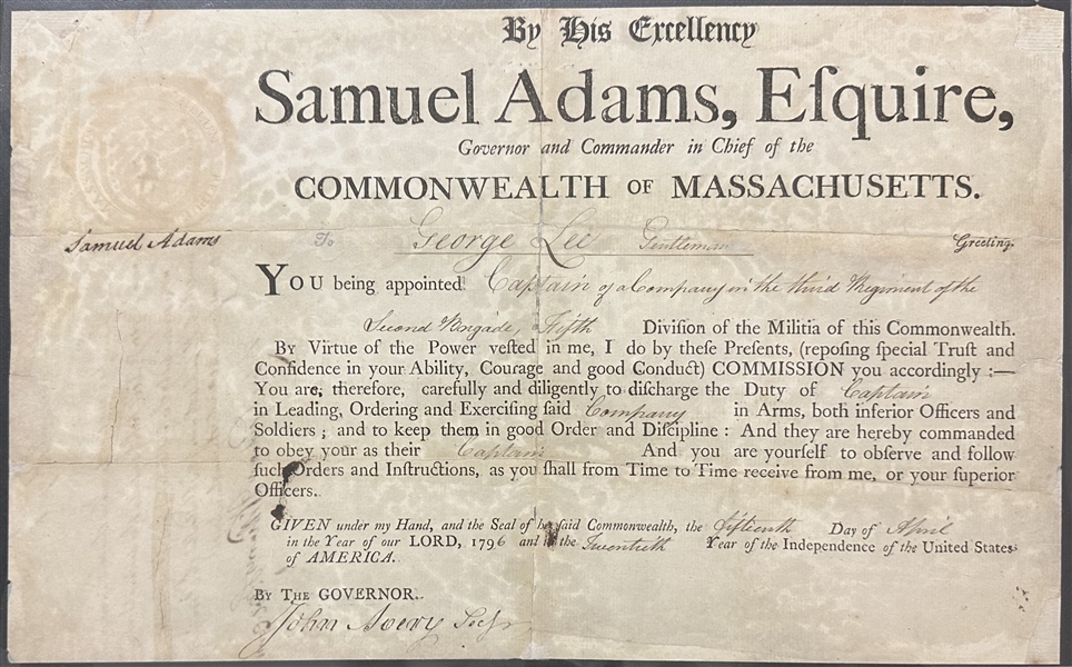 Samuel Adams Document Signed as Governor of Massachusetts 1796