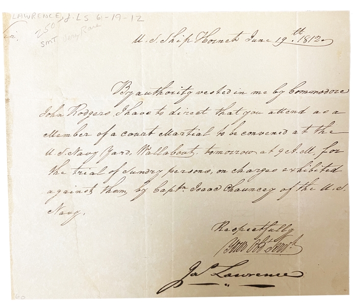 Rarest Naval Autograph  James Lawrence “Don’t give up the ship On  U.S. Ship Hornet June 19th 1812