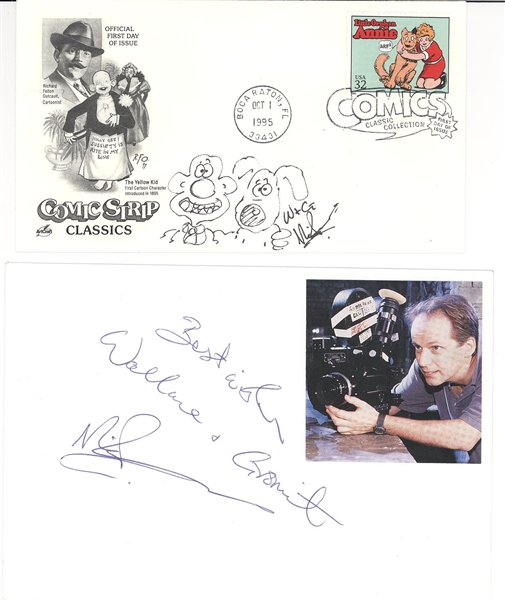 Nick Park  with original drawing of  Wallace and Gromit 