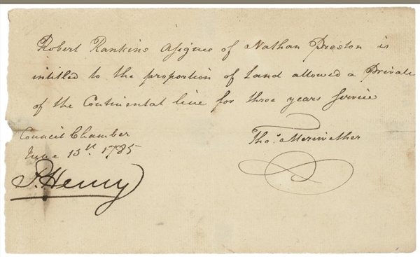 Patrick Henry grants the “proportion of land allowed a private of the Continental Line for three years service”