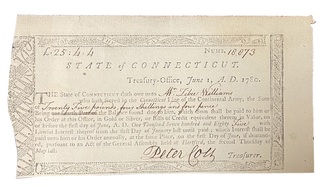 Connecticut Treasury Office, Peter Colt Signed 10s/1d June 1, 1780 Choice About Uncirculated..