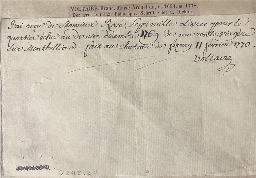 VOLTAIRE Signed Receipt about a partial payment of debt for the Duke of Wuerttemberg