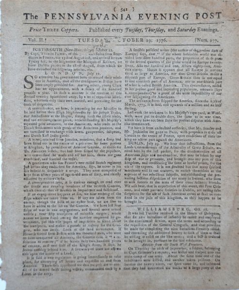 Rev War Issue. THE PENNSYLVANIA EVENING POST