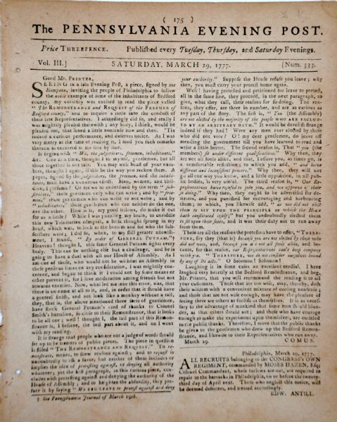 Rev War Issue. THE PENNSYLVANIA EVENING POST