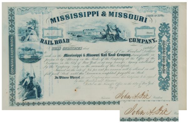 Gen. John A Dix Signed Mississippi And Missouri Railroad Stock