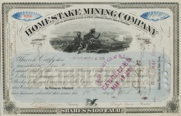 Lloyd Tevis Signed Homestake Mining Stock