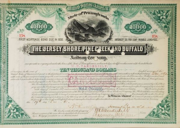 $10,000 RAILWAY BOND OF 1882 JERSEY SHORE, PINE CREEK & BUFFALO RWY SIGNED BY THREE IMPORTANT VANDERBILTS! 