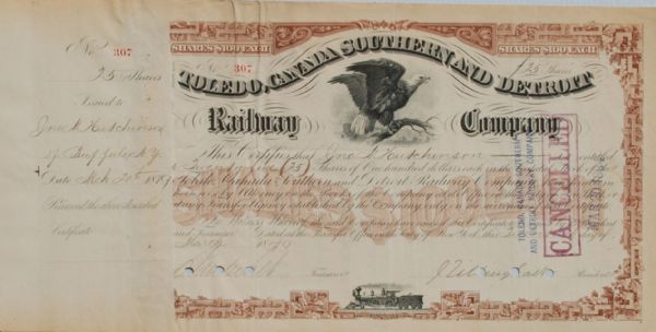 Cornelius Vanderbilt Signed Toledo, Canada And Southern Detroit Stock
