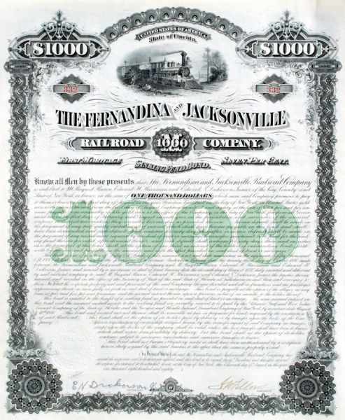 E. H. Harriman Signed Fernandina And Jacksonville Railroad Bond
