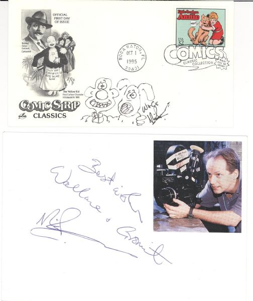 Nick Park  with original drawing of  Wallace and Gromit 