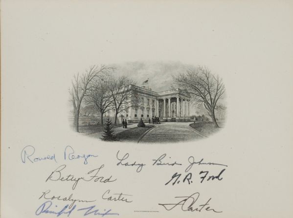 White House engraving signed signed by 4 presidents and 3 first ladies
