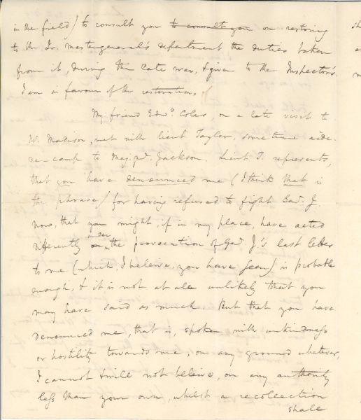 Important Winfield Scott Letter about(Refusing to Fight with Gen. Andrew  Jackson)
