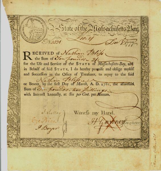 State Of Massachusetts Bay Lottery Bond Issued During The American Revolution 