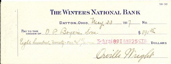 Orville Wright Check for Father's Funeral