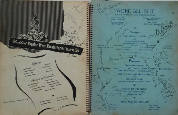 1942 Army Relief Program signed by 1940's  Greats, Al Jolson, Kate Smith... 