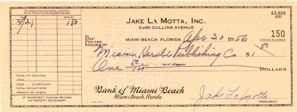 Jake LaMotta Signed Check