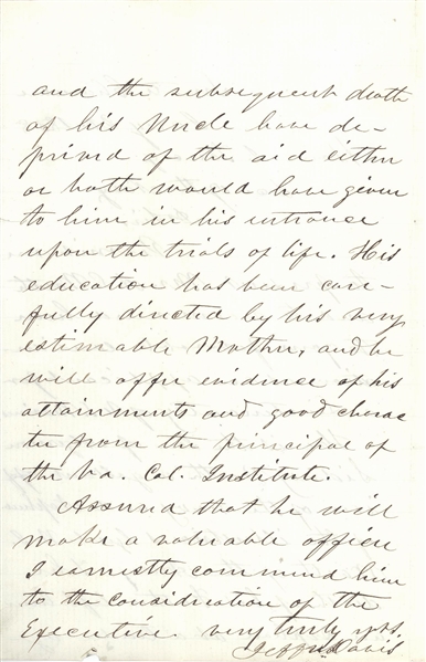 Jefferson Davis- Letter of Recommendation for the Marines