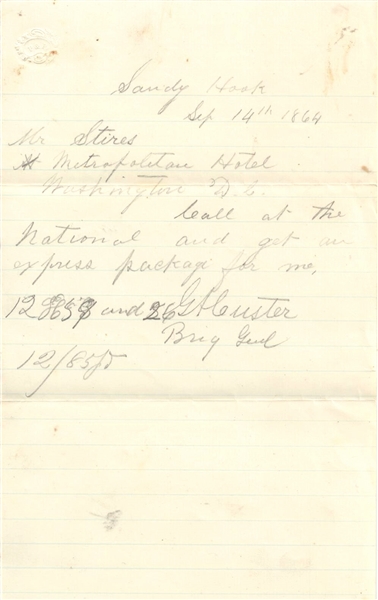 GENERAL GEORGE A. CUSTER CIVIL WAR AUTOGRAPHED LETTER SEPTEMBER 14, 1864