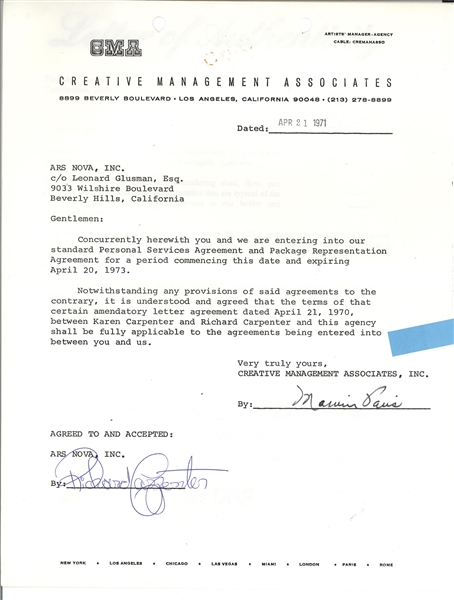 Karen Carpenter and Richard Carpenter Rare Signed Contracts!