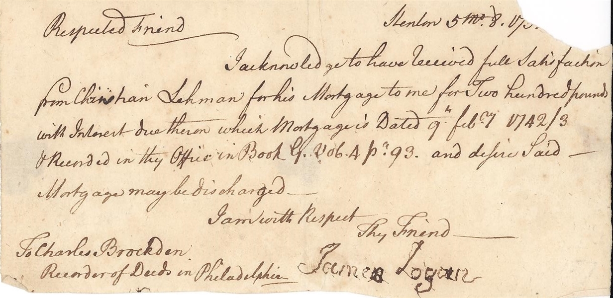 James Logan (William Penns Secretary Philadelphia)