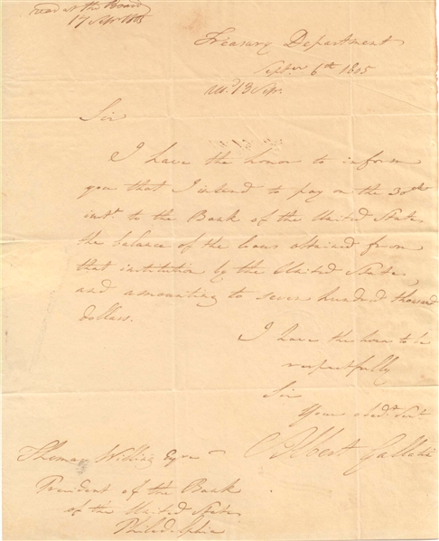 Albert Gallatin Pays off United Stated Loans