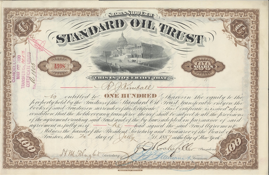  Rockefeller ,Flagler Signed Standard Oil Trust
