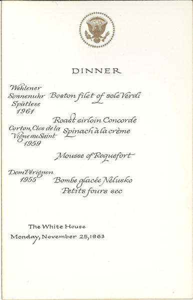 Kennedy Administration- Cancelled dinner menu, Prayer card, Commemorative Book “John F. Kennedy 1917-1963,” Bachrach JFK portrait, vintage JFK limo photo dated June 1963.