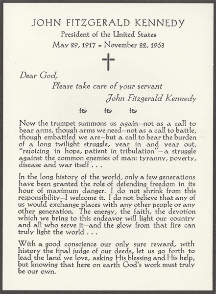 Kennedy Administration- Cancelled dinner menu, Prayer card, Commemorative Book “John F. Kennedy 1917-1963,” Bachrach JFK portrait, vintage JFK limo photo dated June 1963.