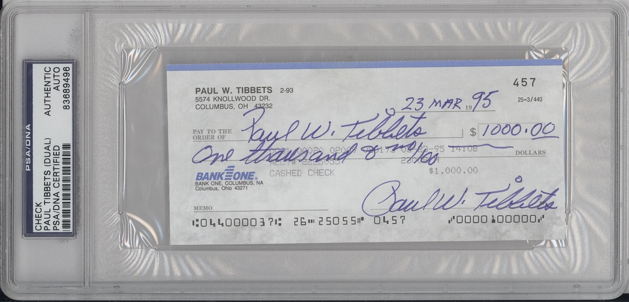 Paul Tibbets Triple Signed Cancelled Check 