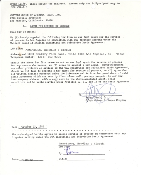 Berry Gordy Signed Music Contract 