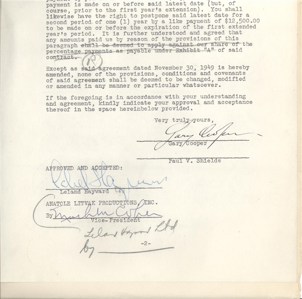 Gary Cooper Signed Movie Contract with Anatole Litvak Productions