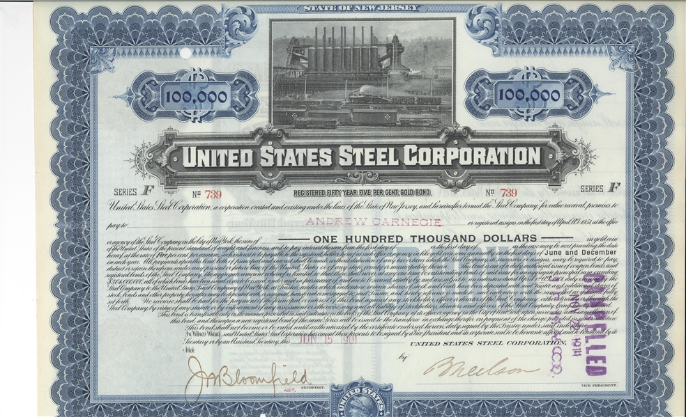 Unites States Steel Corporation made out to Andrew Carnegie