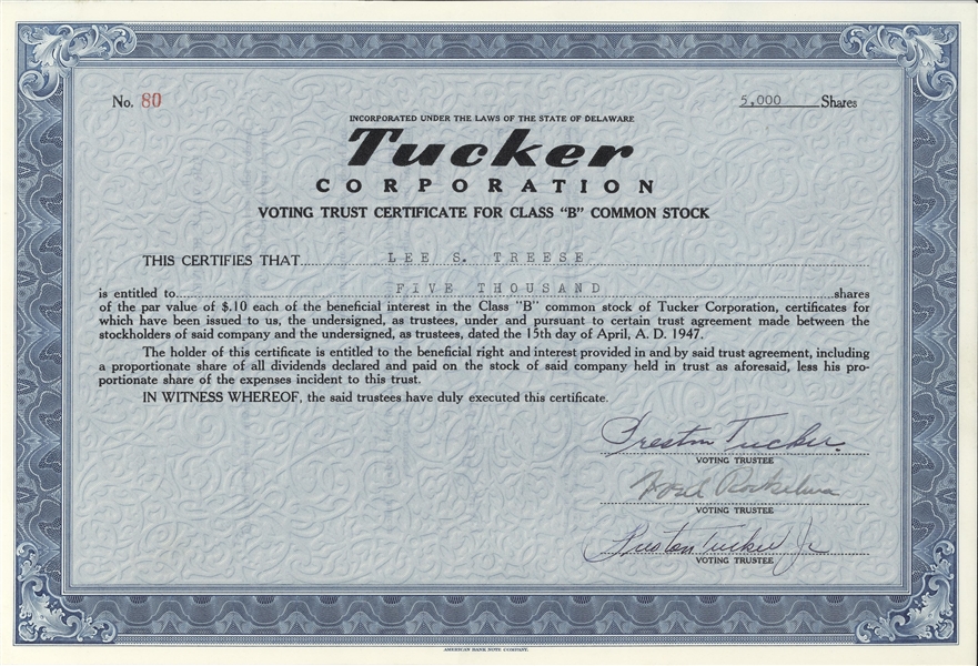 Very Rare Signed Tucker Corporation by Preston Tucker