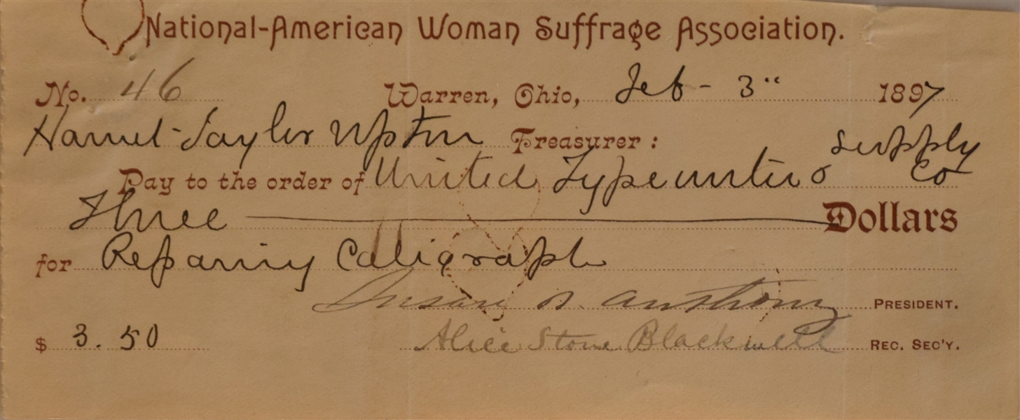 Susan B. Anthony Woman Suffrage Association Bank Check Signed