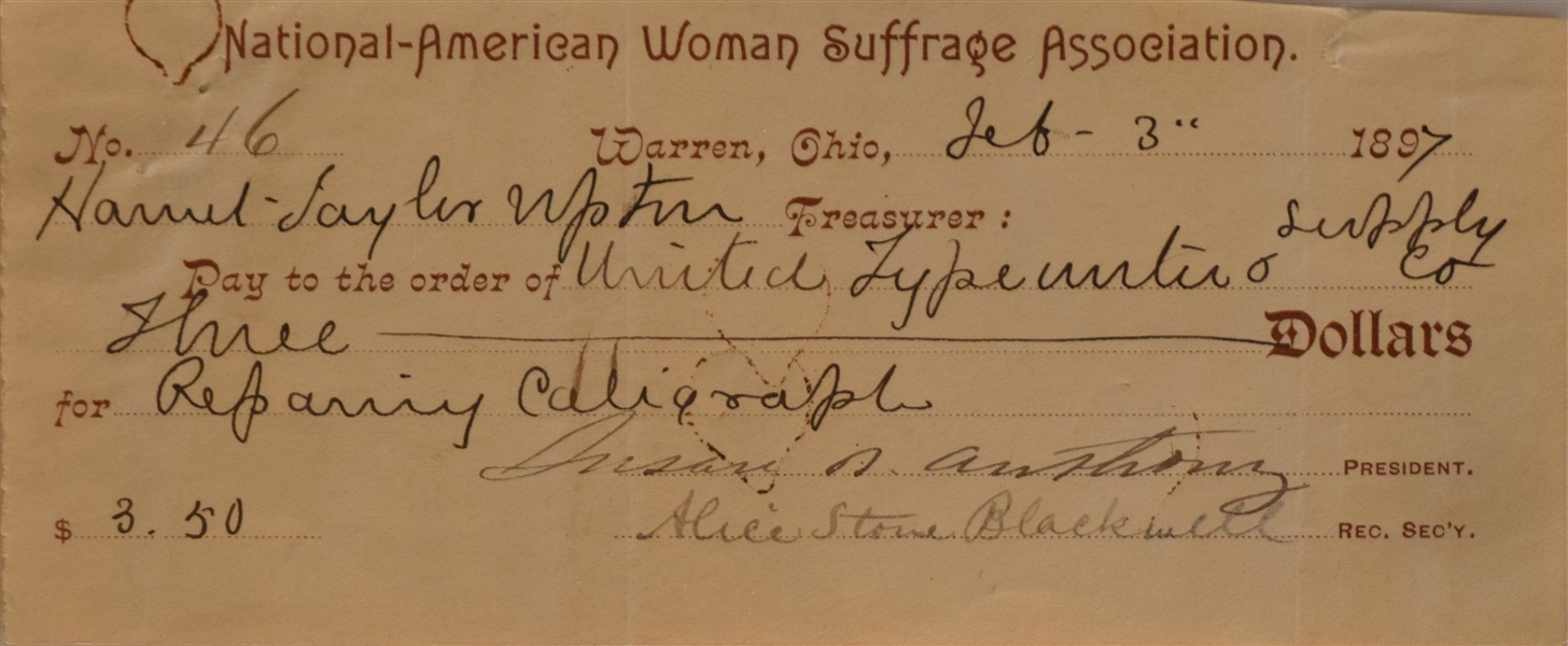 Susan B. Anthony Woman Suffrage Association Bank Check Signed