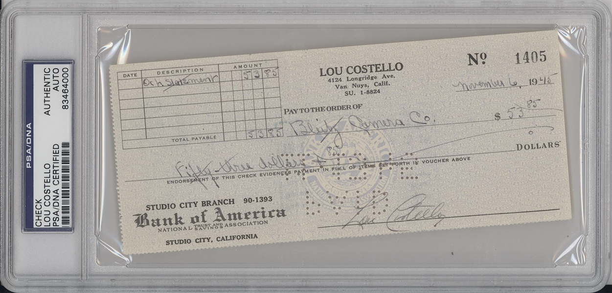  Lou Costello Signed Check