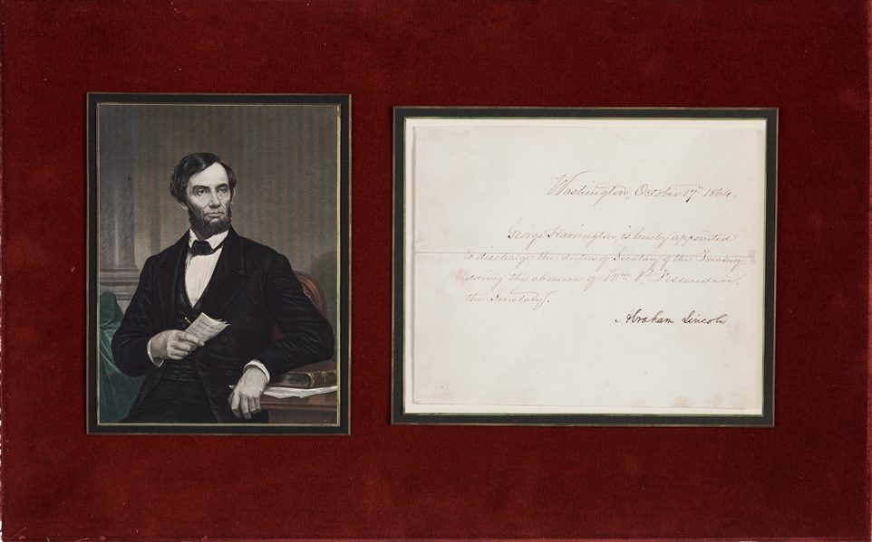  Appointment  as Temporary Secretary of Treasury Signed by Lincoln to the man who would later plan his Funeral